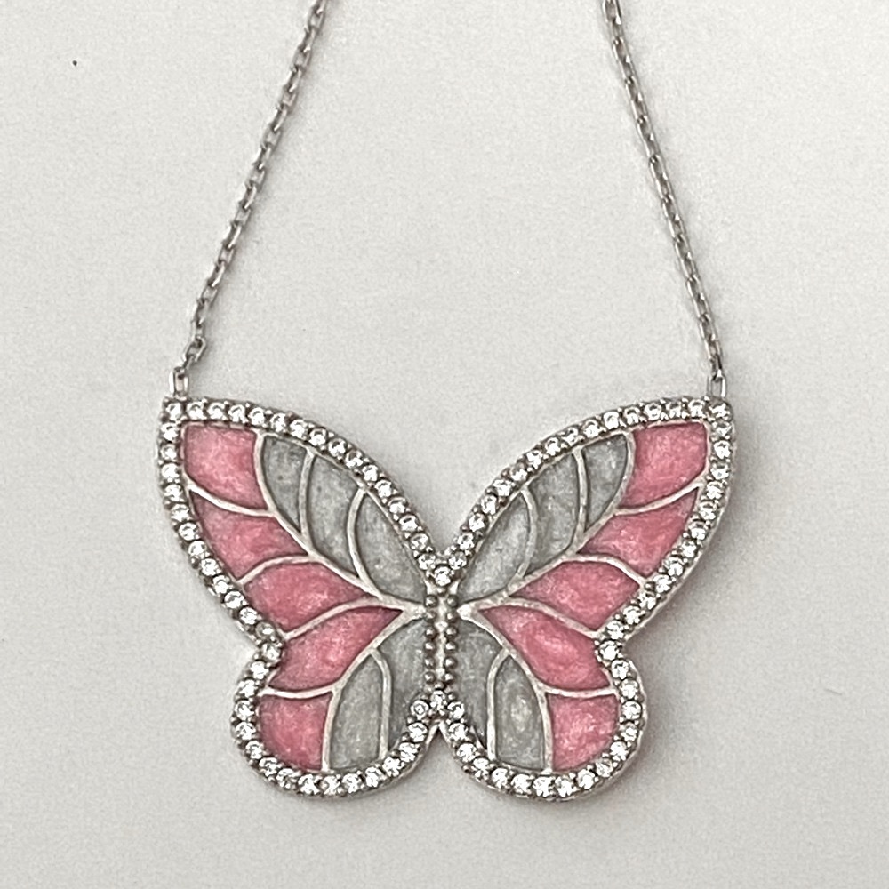 925 Silver butterfly necklace cz stones and pink white handmade enamel